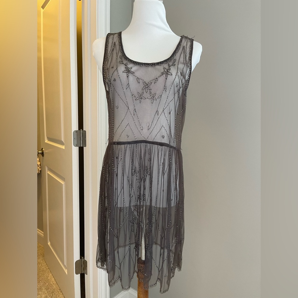 Free People Sheer Beaded Gray Dress Size M